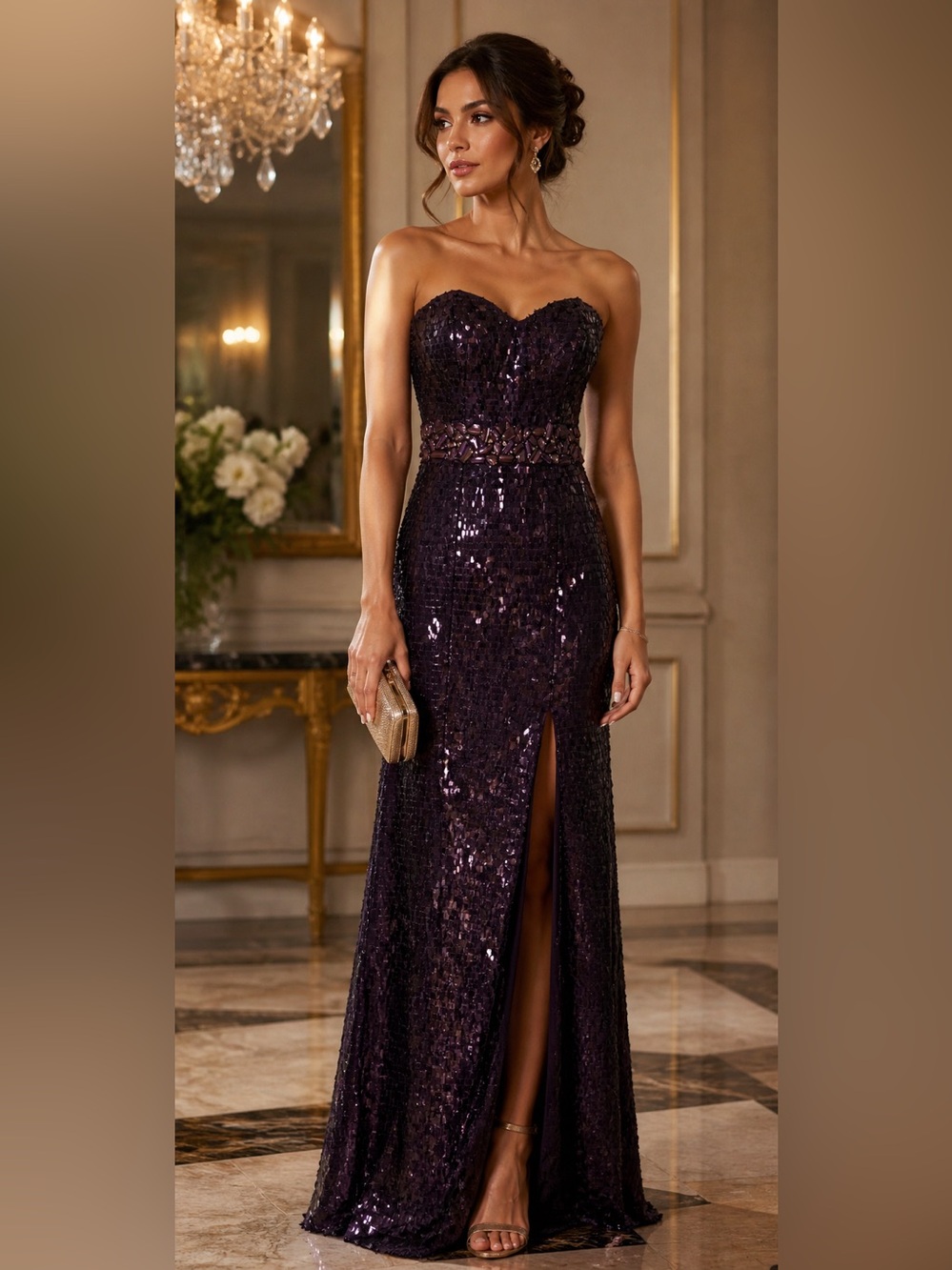 Bari Jay Strapless Sequin Gown in Plum